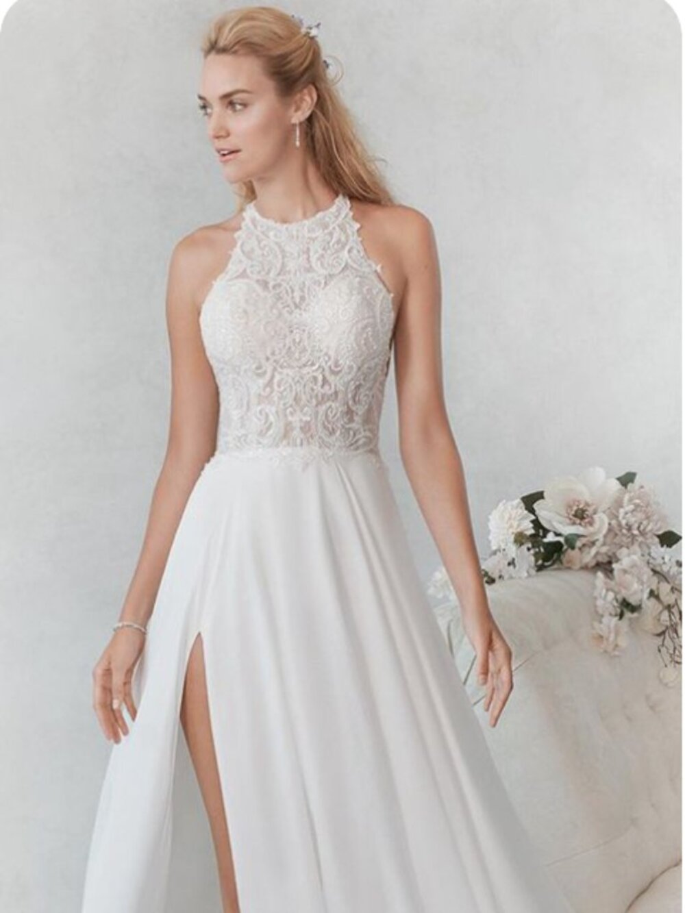 Ella Rosa by Kenneth Winston BE4722 Boho Halter Wedding Dress Slit Size 6
